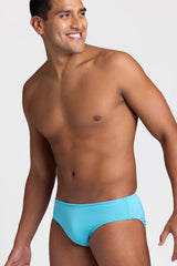 Side View of BROLYN Hawaii Blue, men's swim brief by JOLYN Australia