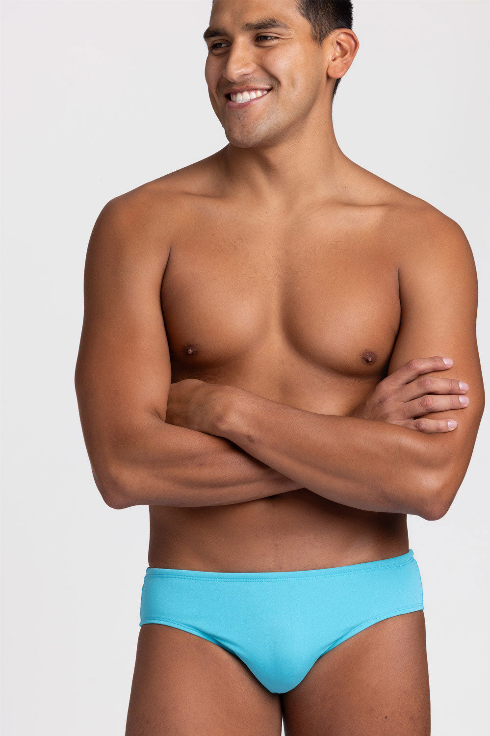 Frontal view of BROLYN Hawaii Blue, men's swim brief by JOLYN Australia