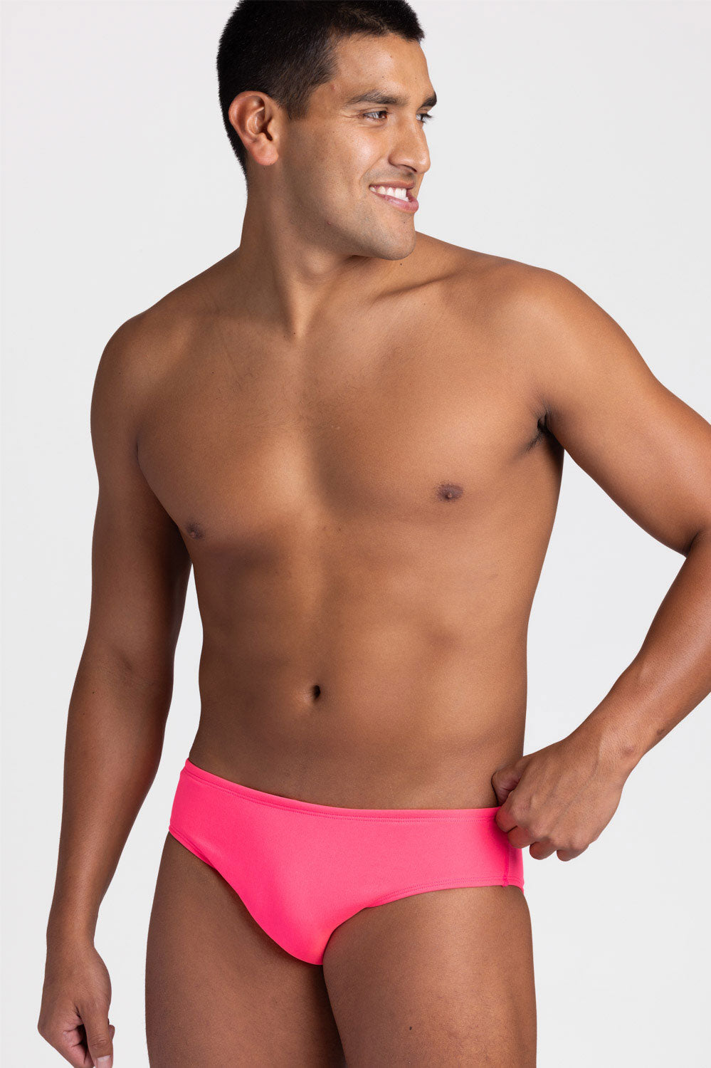 side view of BROLYN Hot Pink, men's swim brief by JOLYN Australia