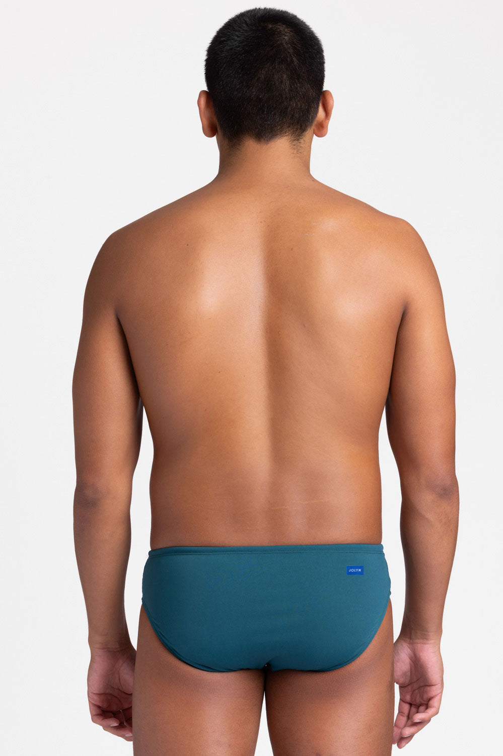 Back view of BROLYN Peacock colour, men's swim brief by JOLYN Australia