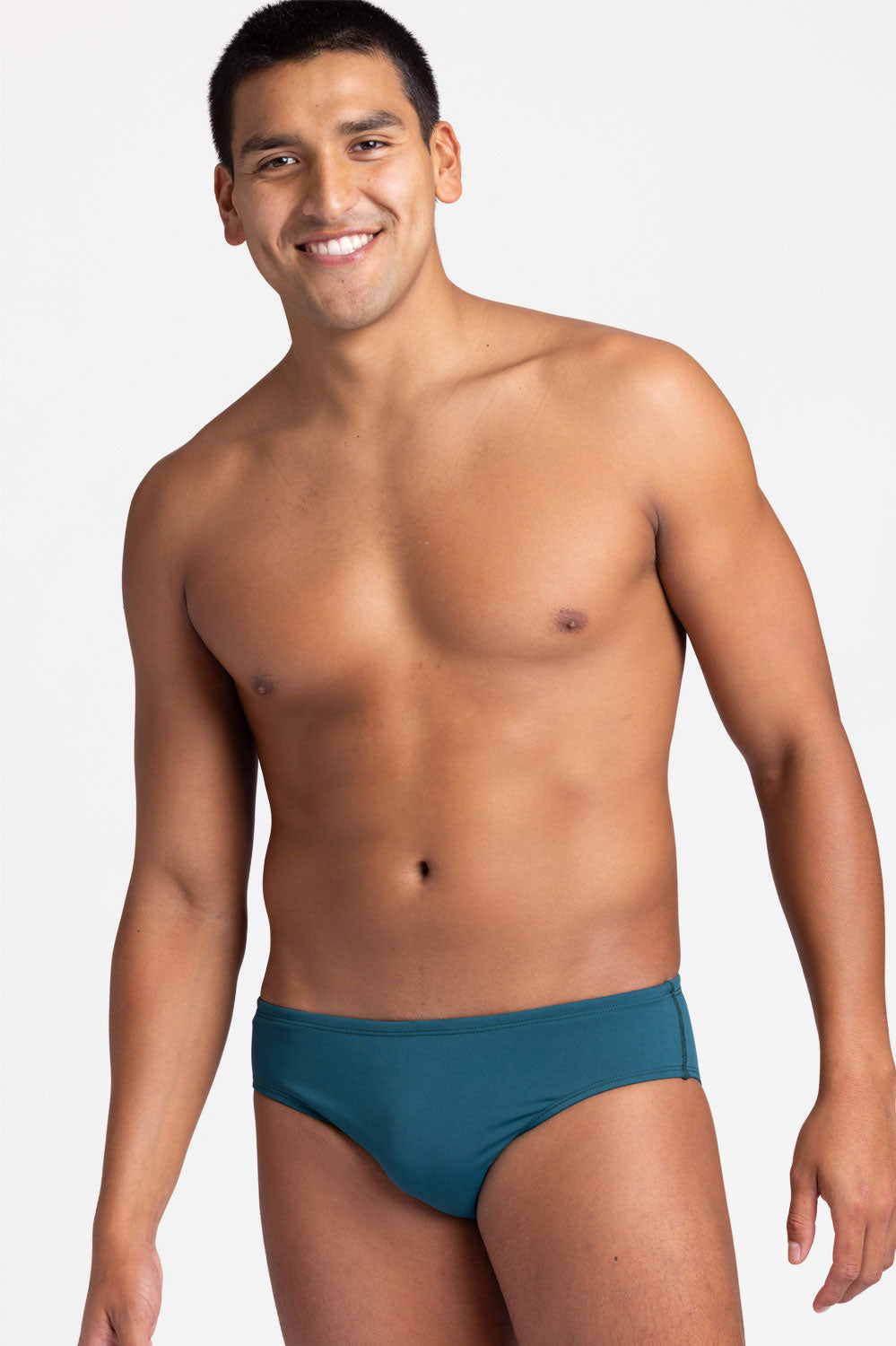 Frontal view of BROLYN Peacock colour, men's swim brief by JOLYN Australia