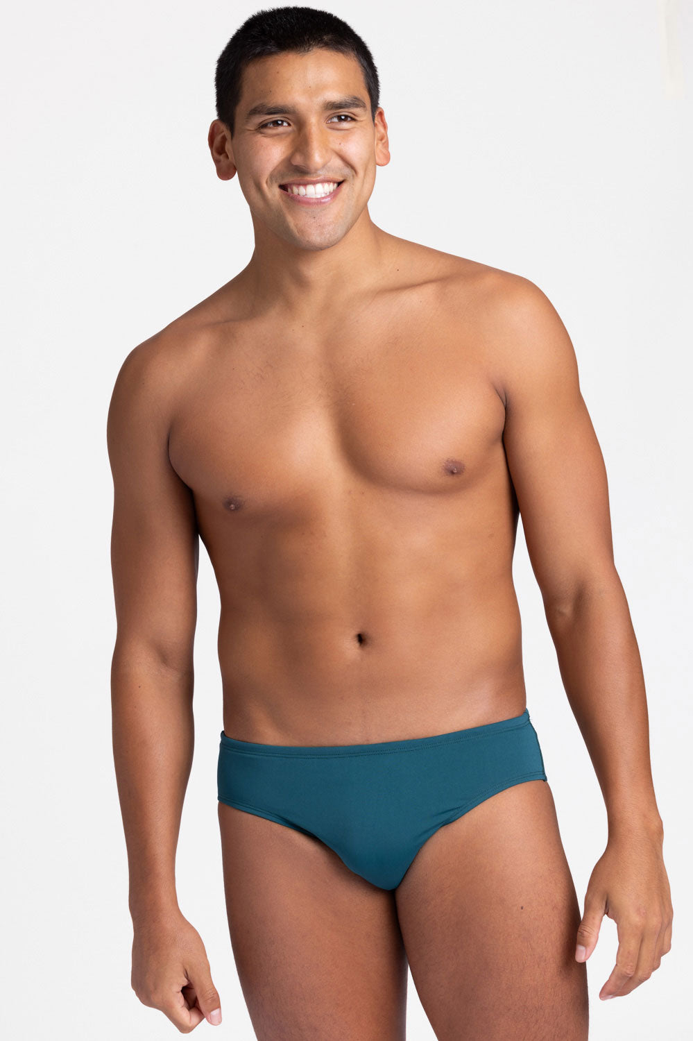 Front view of BROLYN Peacock colour, men's swim brief by JOLYN Australia