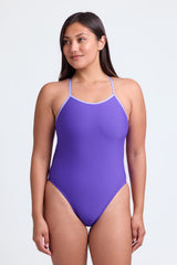 JOLYN Australia, Brandon contrast, onesie in the purple colour. Studio image of the front of the onesie.